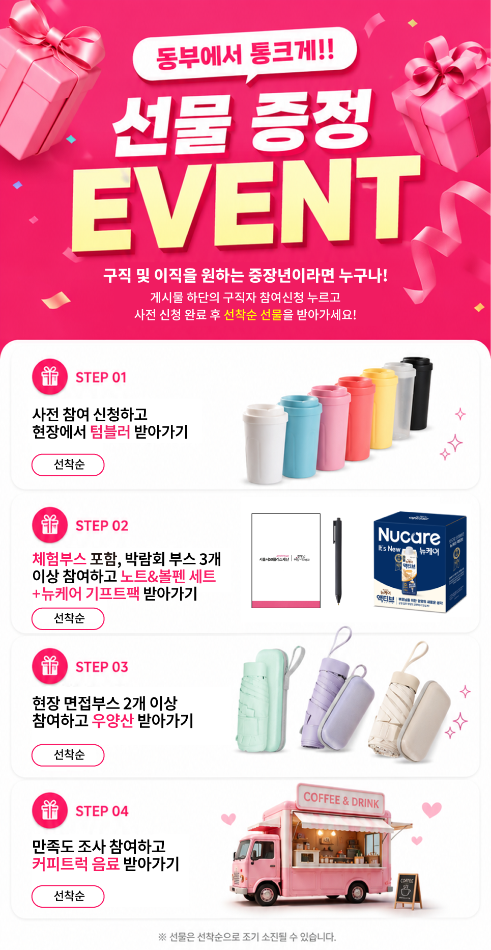 선물 증정 이벤트 안내: 사전 참여 신청, 체험부스 포함 박람회 부스 참여, 면접 부스 참여, 만족도 조사 참여 시 선착순 선물 증정
